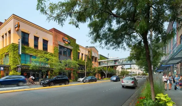 Bellevue Way NE streetscape in Bellevue, WA with ivy-covered shops, a skybridge, cars, and pedestrians