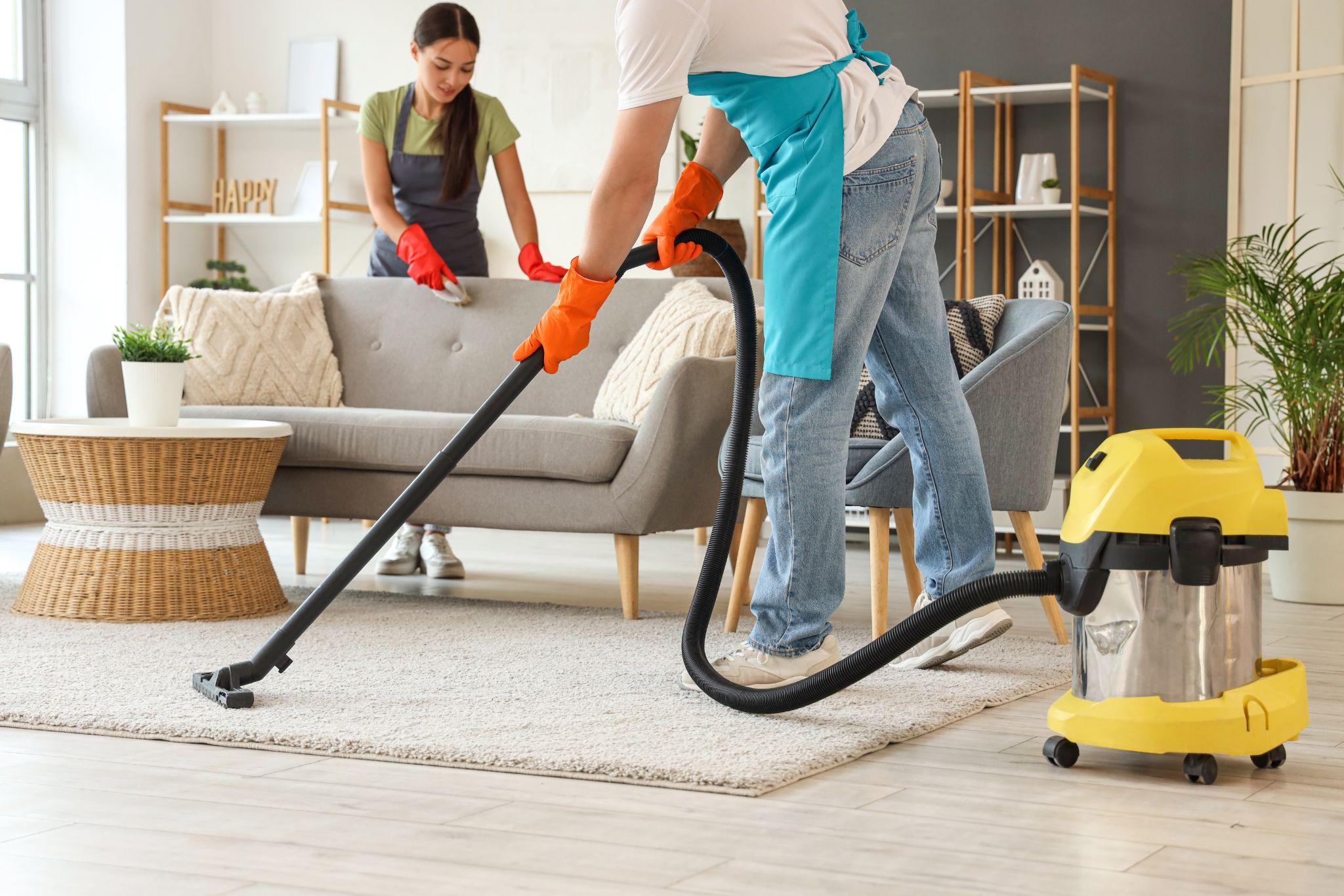 Professional cleaning team vacuuming and preparing a rental unit for new tenants during move-in-ready turn services by Maintenance Man Unlimited.