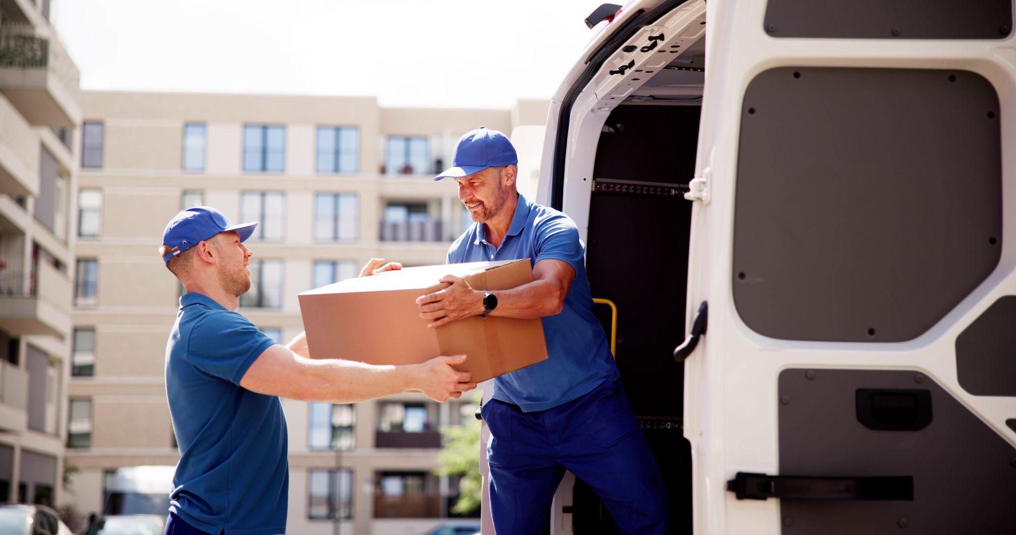 Two team members coordinating box deliveries from a van outside a job site, showing the efficiency and reliability of having the same crew throughout the project.