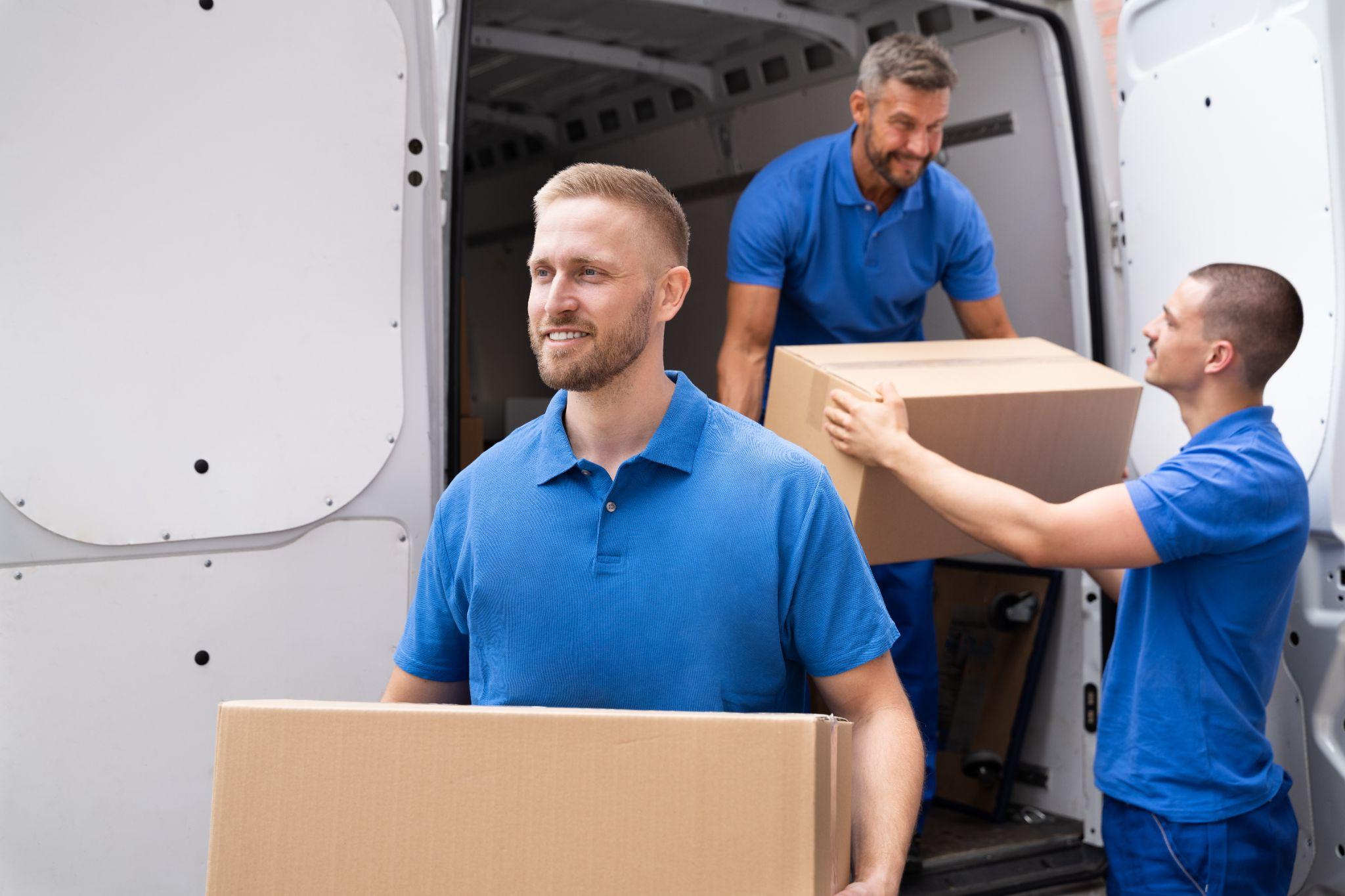 Professional crew members unloading boxes from a work van, representing Maintenance Man Unlimited’s consistent temporary labor teams that stay from start to finish.