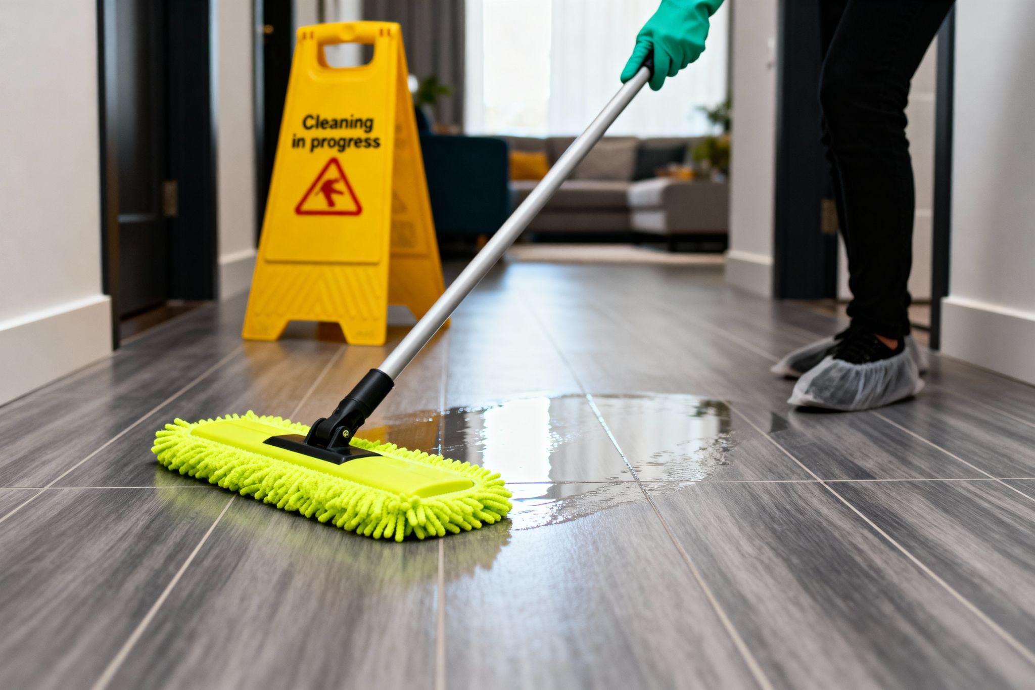 Professional mopping tile floors in a commercial office space