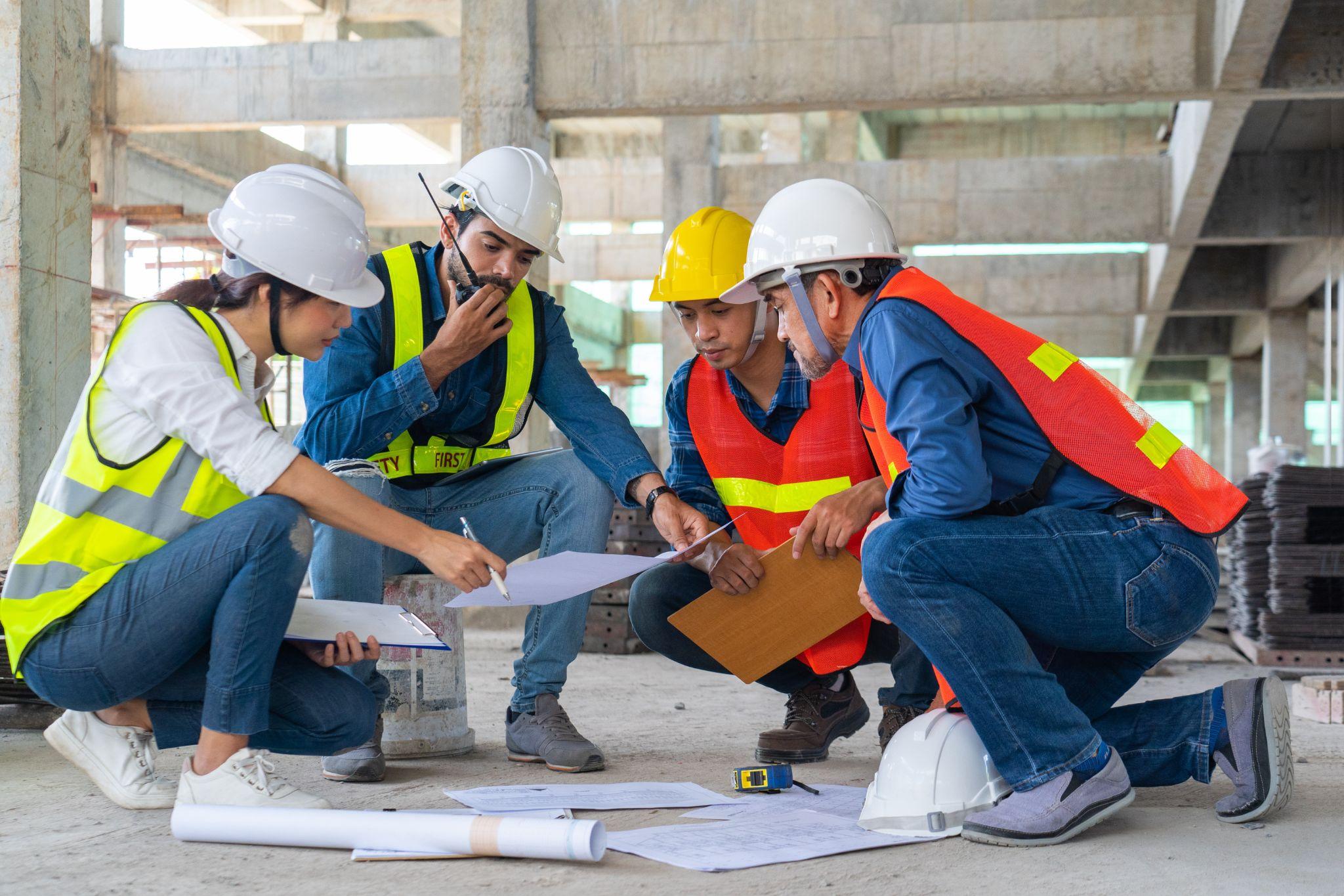 Construction team reviewing project plans together on a jobsite