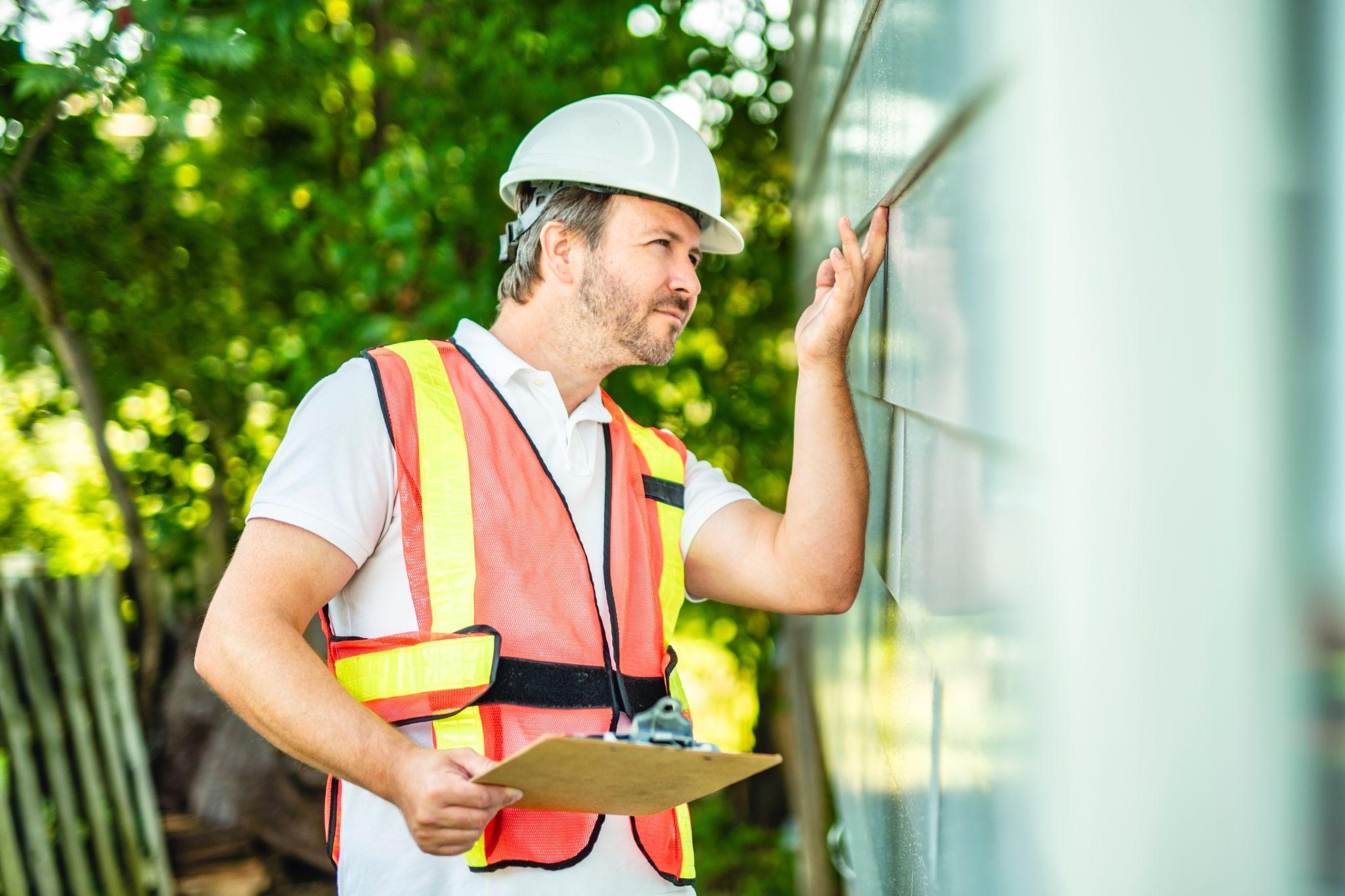 Property inspector with clipboard examining a commercial building exterior